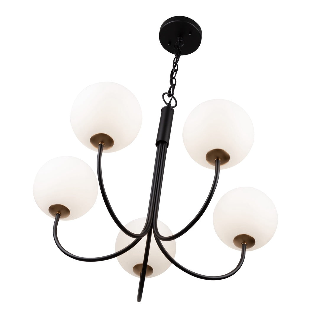 Black and Brass Curve Arm with White Opal Glass Globe Chandelier