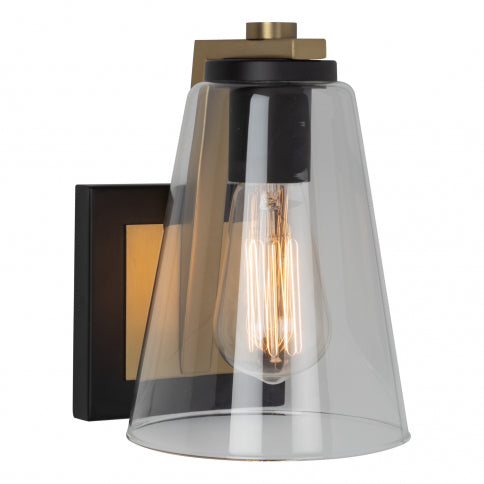 Black with Brushed Brass Frame with Conical Glass Shade Wall Sconce