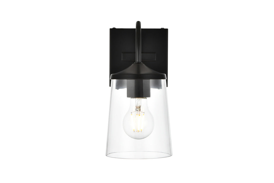 Steel Curve Arm Frame with Clear Cylindrical Glass Shade Wall Sconce in Black by Living District