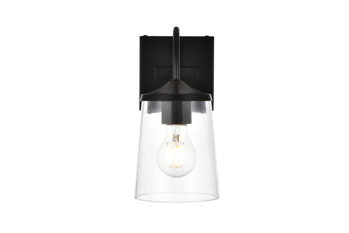 Steel Curve Arm Frame with Clear Cylindrical Glass Shade Wall Sconce in Black by Living District