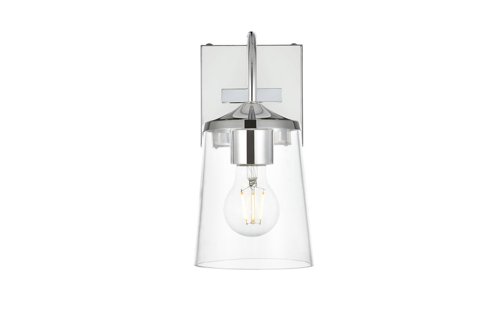 Steel Curve Arm Frame with Clear Cylindrical Glass Shade Wall Sconce in Chrome by Living District