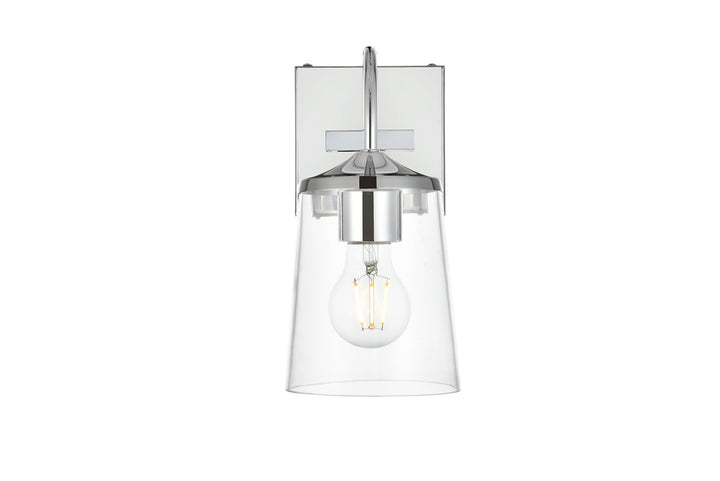 Steel Curve Arm Frame with Clear Cylindrical Glass Shade Wall Sconce in Chrome by Living District