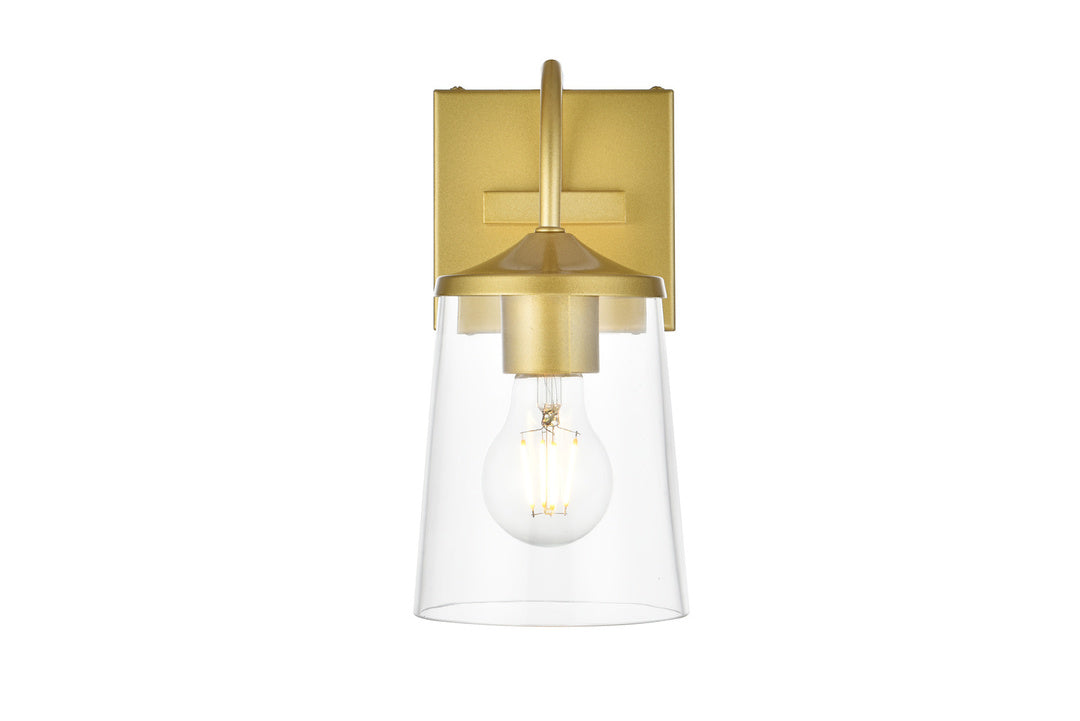 Steel Curve Arm Frame with Clear Cylindrical Glass Shade Wall Sconce in Brass by Living District