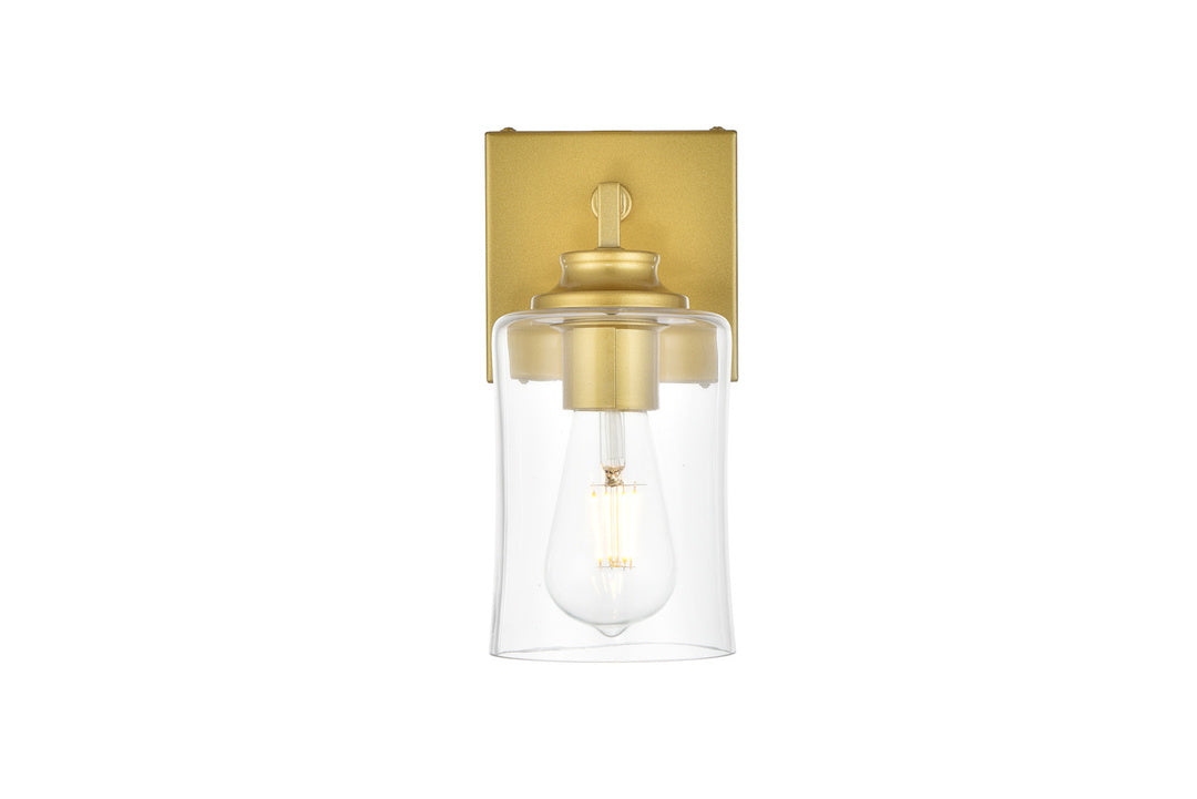 Steel Curve Arm Frame with Clear Cylindrical Glass Shade Wall Sconce in Brass by Living District