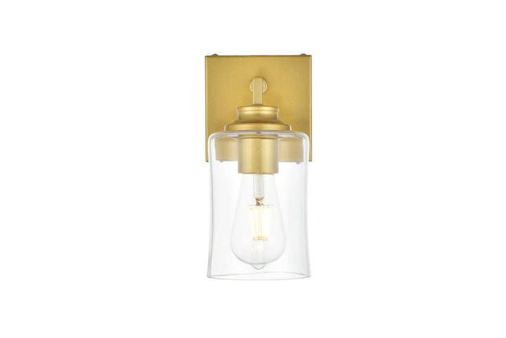 Steel Curve Arm Frame with Clear Cylindrical Glass Shade Wall Sconce in Brass by Living District