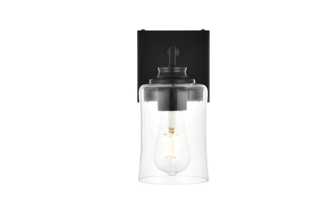 Steel Curve Arm Frame with Clear Cylindrical Glass Shade Wall Sconce in Black by Living District