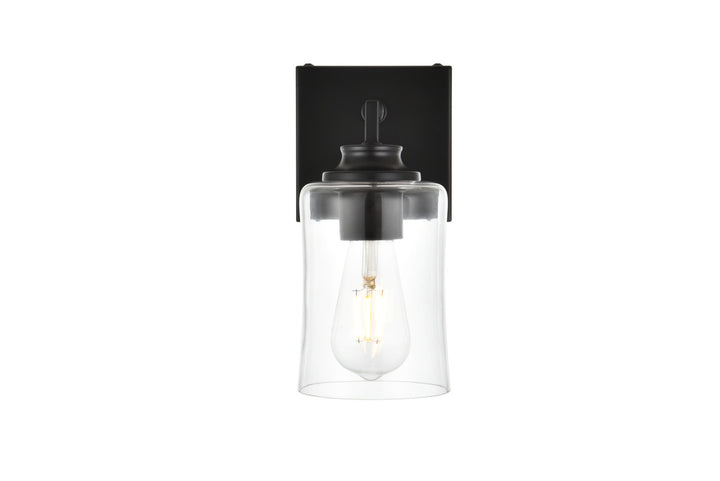 Steel Curve Arm Frame with Clear Cylindrical Glass Shade Wall Sconce in Black by Living District