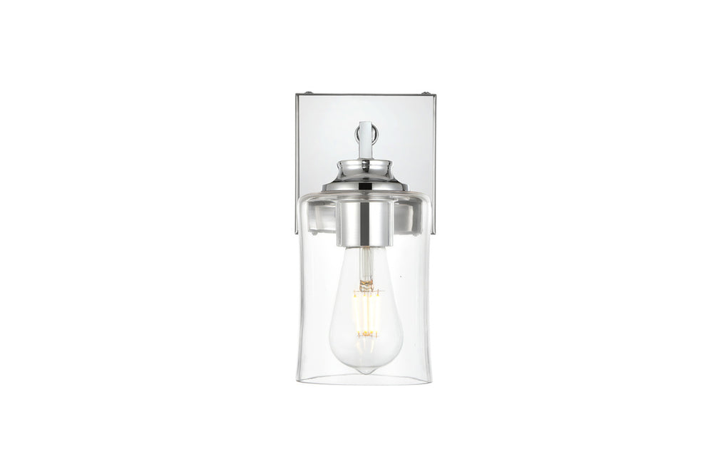 Steel Curve Arm Frame with Clear Cylindrical Glass Shade Wall Sconce in Chrome by Living District