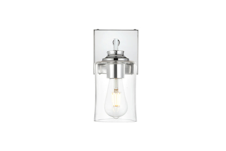 Steel Curve Arm Frame with Clear Cylindrical Glass Shade Wall Sconce in Chrome by Living District