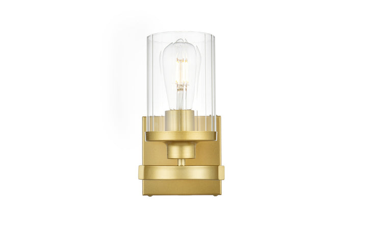Steel Frame with Clear Cylindrical Glass Shade Wall Sconce in Brass by Living District