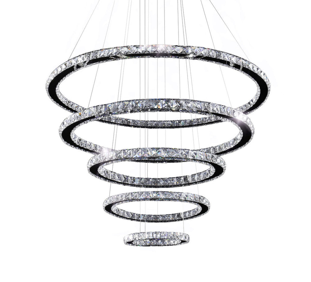 LED Chrome Frame with Clear Crystal Diffuser Ring Chandelier, 36" 5 Tier, by iKo