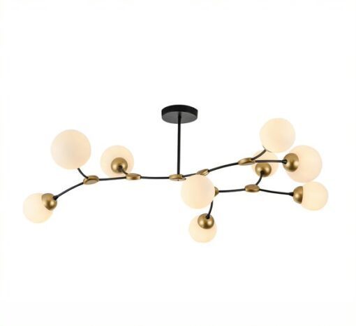 Black and Brushed Gold Arms with Opal Glass Globe Shade Chandelier