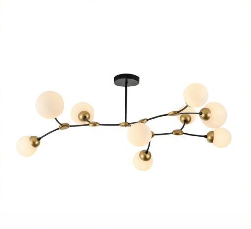 Black and Brushed Gold Arms wit Opal Glass Globe Shade Chandelier