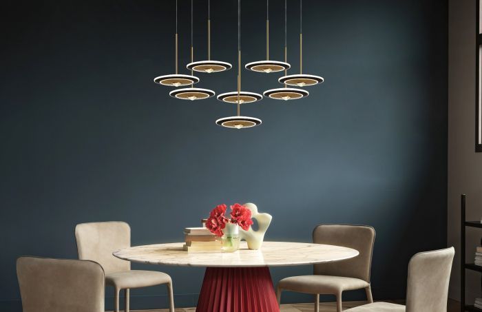LED Satin Dark Gray and Antique Brass Disk Frame with Acrylic Diffuser Chandelier