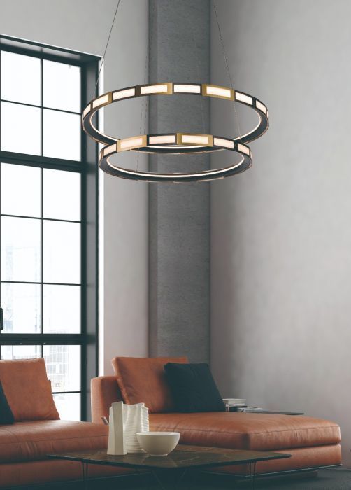 LED Matte Black and Satin Gold Ring Frame with Acrylic Diffuser 2 Ring Chandelier