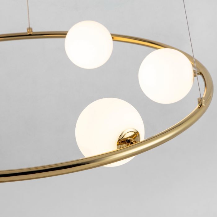 LED Polished Brass Ring Frame with Opal Glass Globe Shade Chandelier