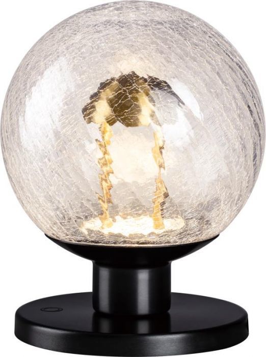 LED Satin Dark Gray and Antique Brass Frame with Crackle Glass Globe Table Lamp