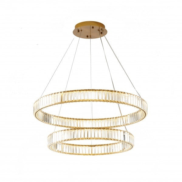 LED Steel Frame with Clear Crystal Double Tier Chandelier in Gold by Bethel