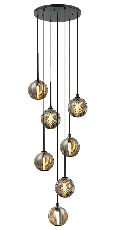 Steel Frame with Circular Frosted Groove Glass Globe Multiple Pendant