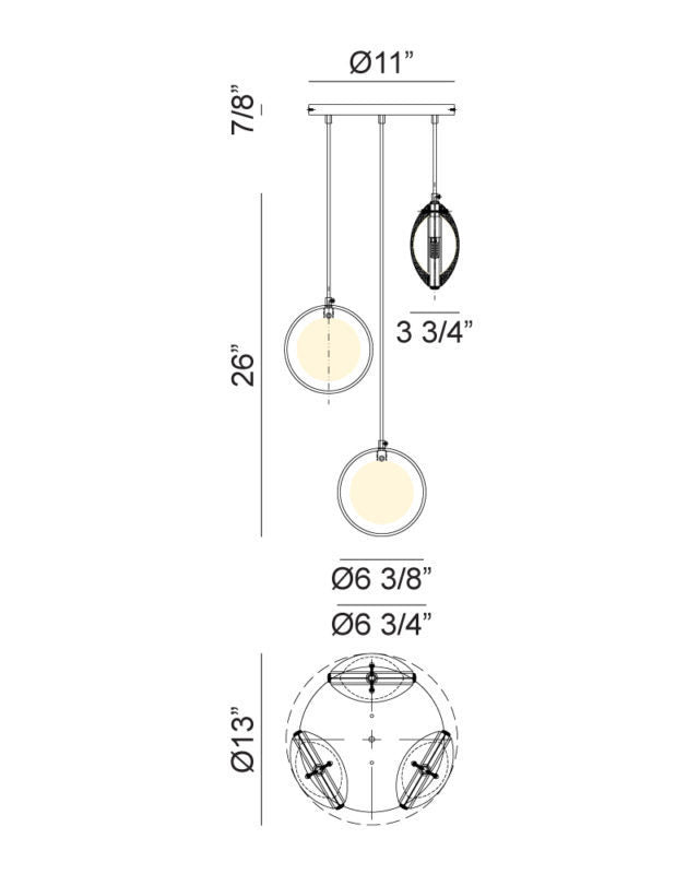 Steel Ring Frame with Opal and Clear Glass Shade Multi Pendant