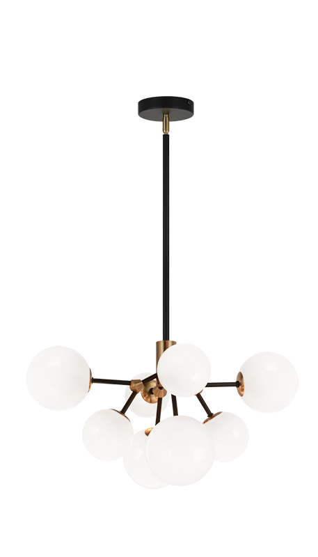 Novu - Black and Aged Gold Brass Frame with Opal Glass Globe Chandelier, 20", by Matteo Lighting