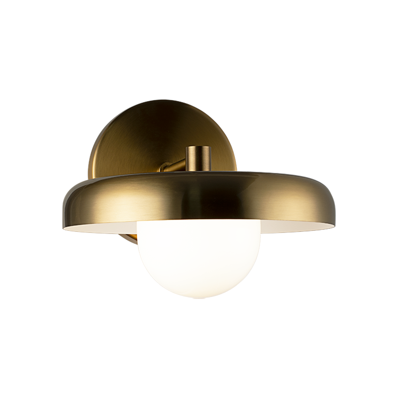 Creston - Steel Frame with Opal Glass Globe Diffuser Disk Wall Sconce in Aged Gold Brass by Matteo Lighting