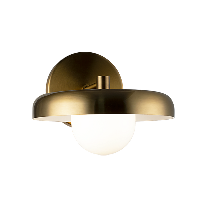 Creston - Steel Frame with Opal Glass Globe Diffuser Disk Wall Sconce in Aged Gold Brass by Matteo Lighting