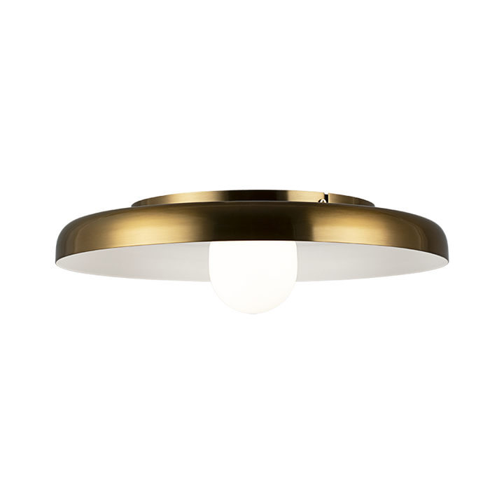 Creston - Steel Frame with Opal Glass Globe Diffuser Disk Flush Mount in Aged Gold Brass by Matteo Lighting