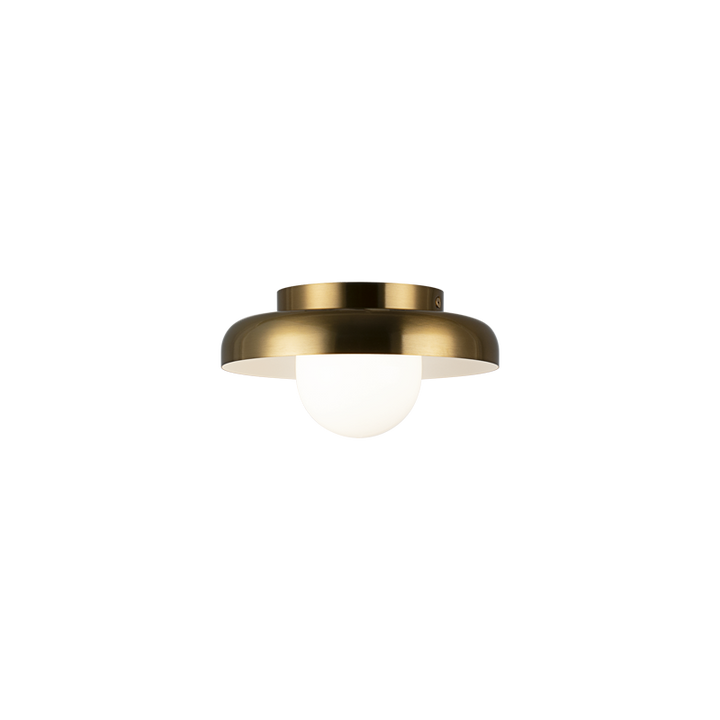 Creston - Steel Frame with Opal Glass Globe Diffuser Disk Flush Mount in Aged Gold Brass by Matteo Lighting