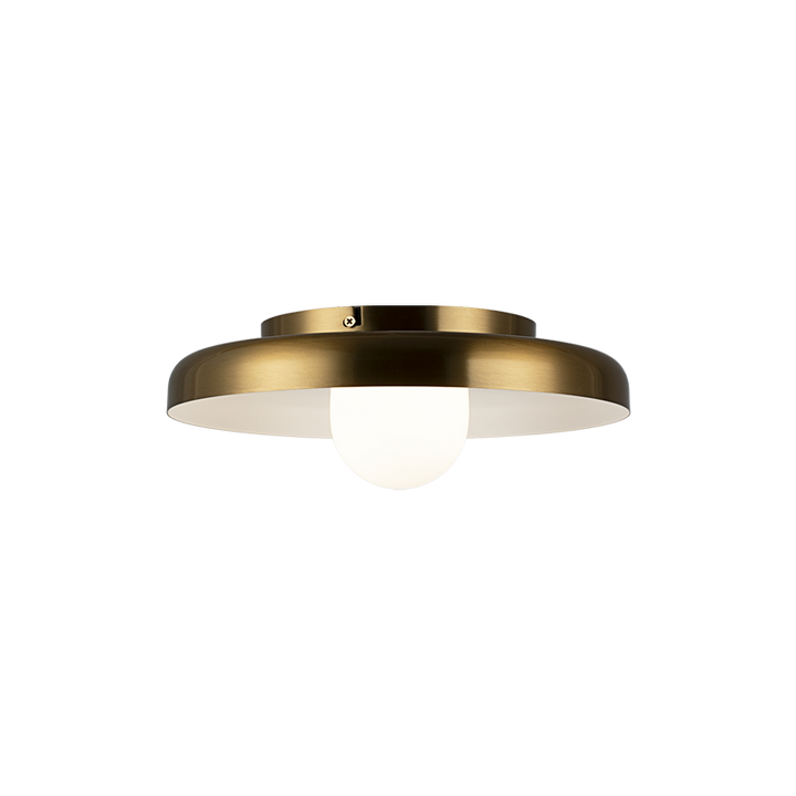 Creston - Steel Frame with Opal Glass Globe Diffuser Disk Flush Mount in Aged Gold Brass by Matteo Lighting