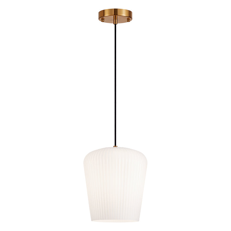 Charismo - Steel Frame with Ribbed Glass Shade Pendant in Aged Gold Brass with Opal Glass by Matteo Lighting