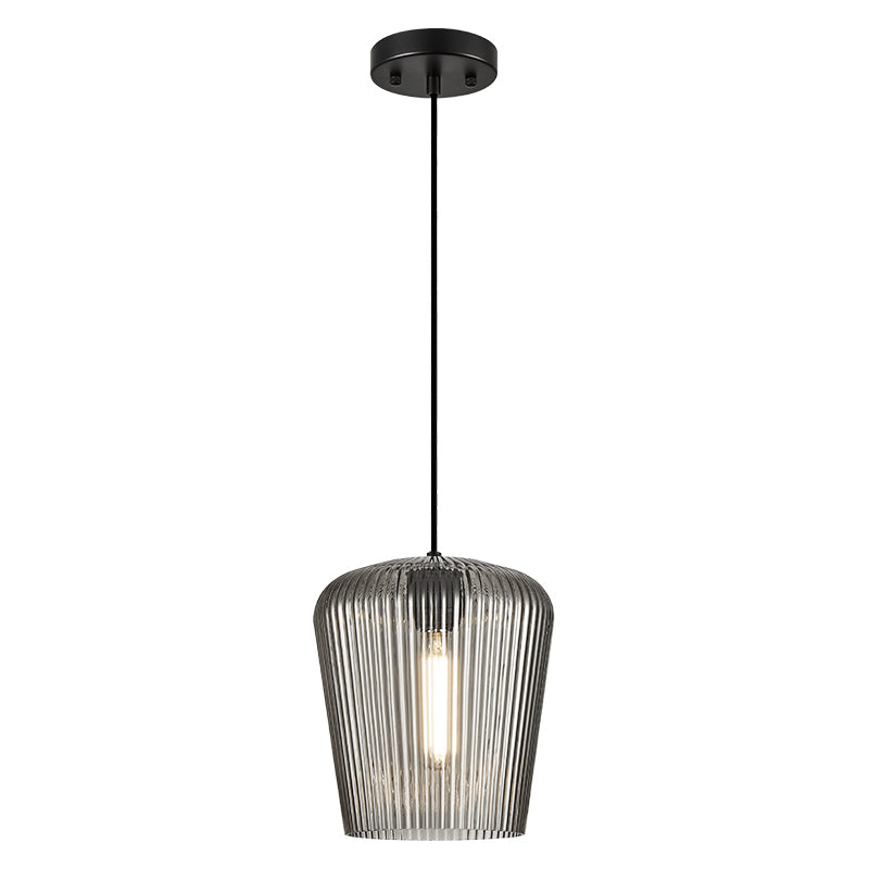 Charismo - Steel Frame with Ribbed Glass Shade Pendant in Black with Smoked Glass by Matteo Lighting