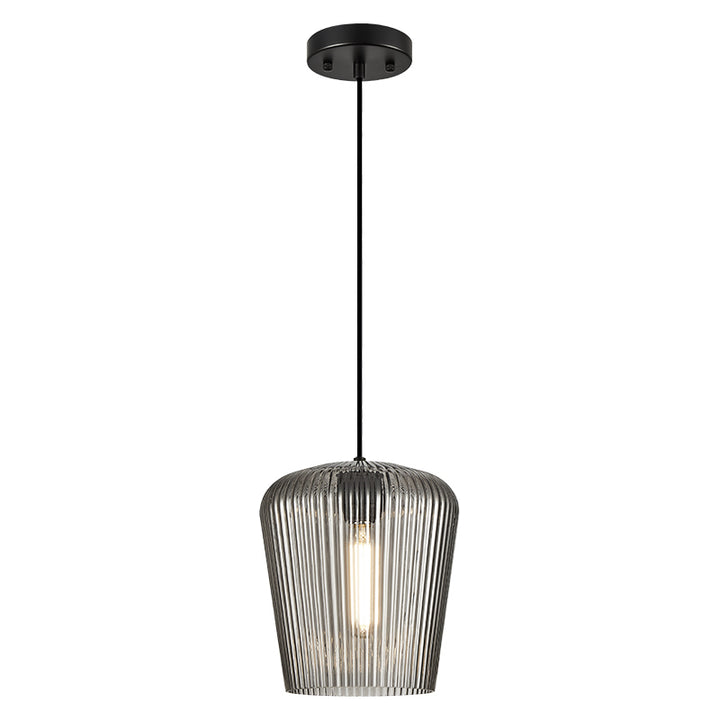 Charismo - Steel Frame with Ribbed Glass Shade Pendant in Black with Smoked Glass by Matteo Lighting