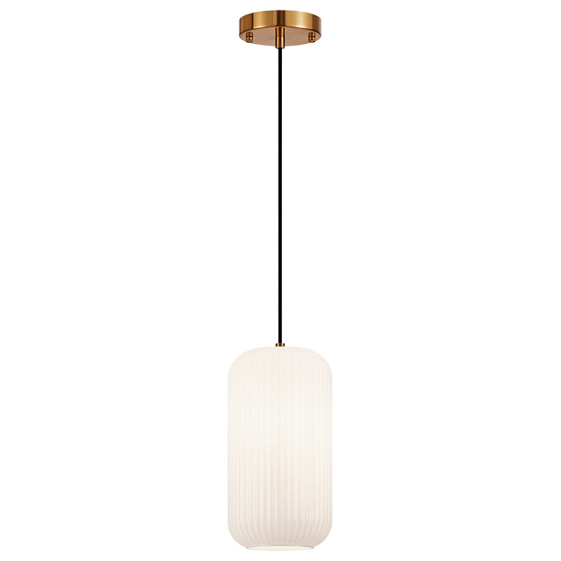 Charismo - Steel Frame with Ribbed Glass Shade Pendant in Aged Gold Brass with Opal Glass by Matteo Lighting