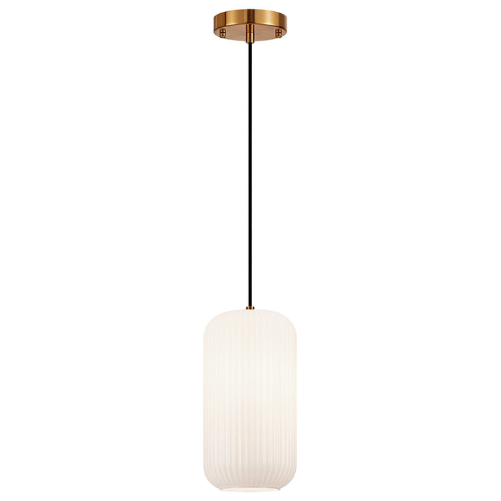 Charismo - Steel Frame with Ribbed Glass Shade Pendant in Aged Gold Brass with Opal Glass by Matteo Lighting