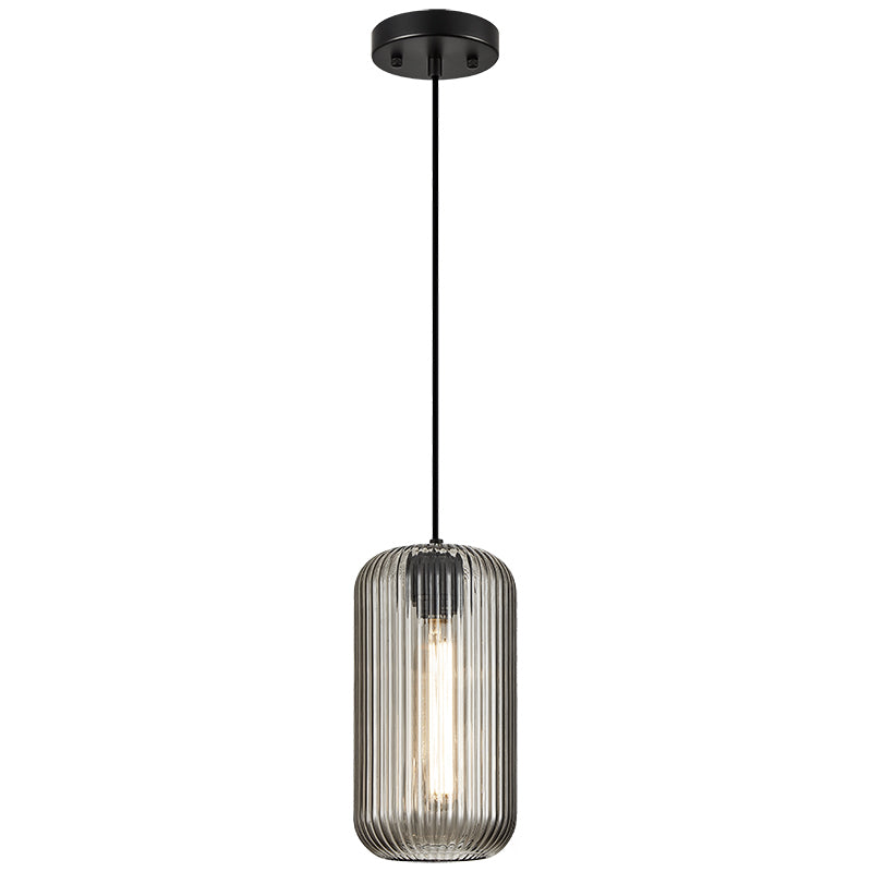 Charismo - Steel Frame with Ribbed Glass Shade Pendant in Black with Smoke Glass by Matteo Lighting