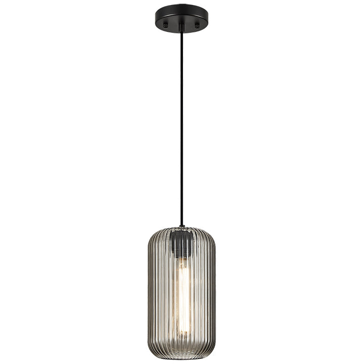 Charismo - Steel Frame with Ribbed Glass Shade Pendant in Black with Smoke Glass by Matteo Lighting