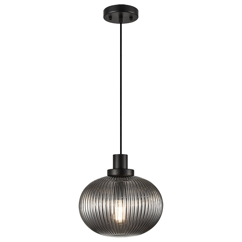 Charismo - Steel Frame with Ribbed Glass Shade Pendant in Black with Smoke Glass by Matteo Lighting