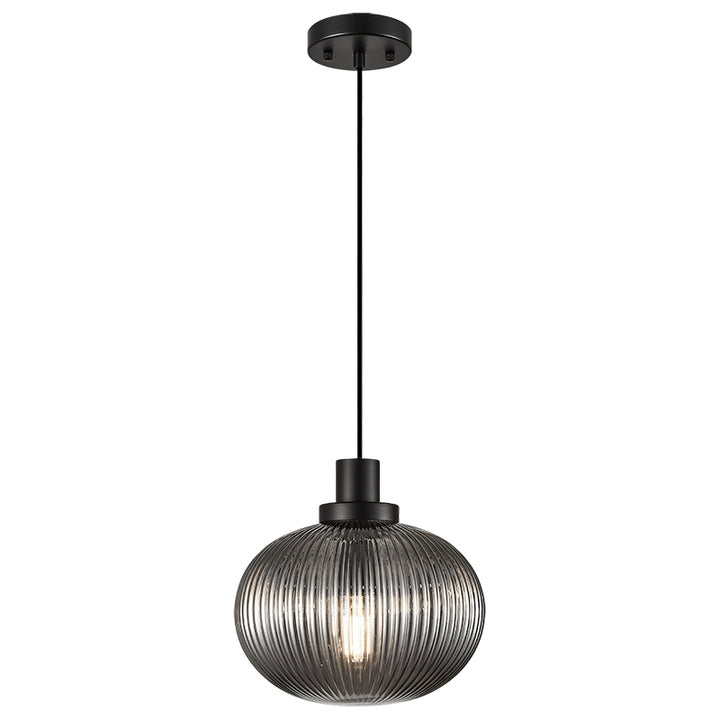 Charismo - Steel Frame with Ribbed Glass Shade Pendant in Black with Smoke Glass by Matteo Lighting