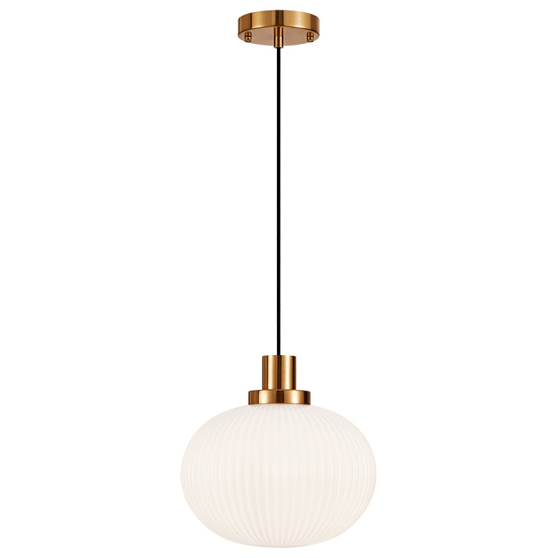 Charismo - Steel Frame with Ribbed Glass Shade Pendant in Aged Gold Brass with Opal Glass by Matteo Lighting