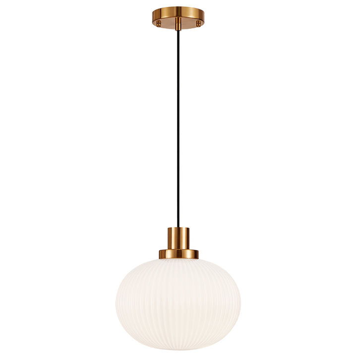 Charismo - Steel Frame with Ribbed Glass Shade Pendant in Aged Gold Brass with Opal Glass by Matteo Lighting