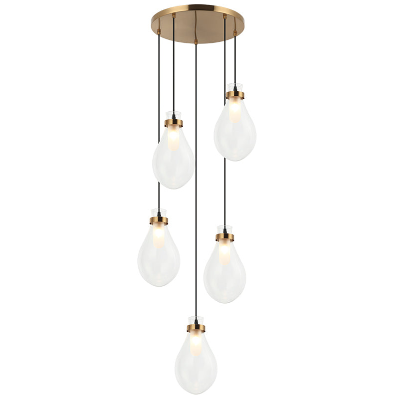 Seranna - Steel Frame with Clear Glass Shade Multi Pendant / Chandelier in Aged Gold Brass by Matteo Lighting