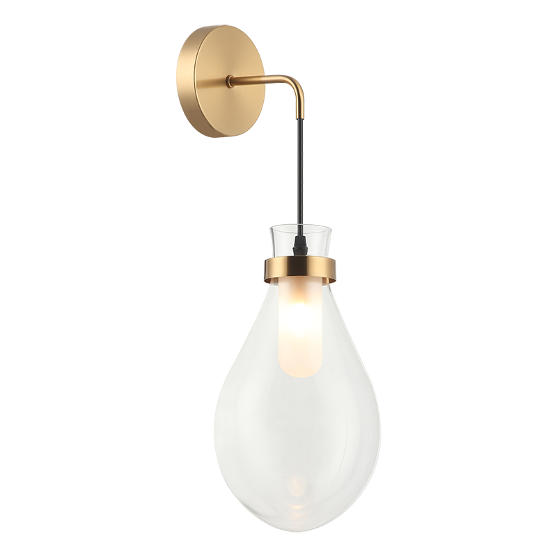 Seranna - Steel Curve Arm with Clear Glass Shade Hanging Wall Sconce in Aged Gold Brass by Matteo Lighting