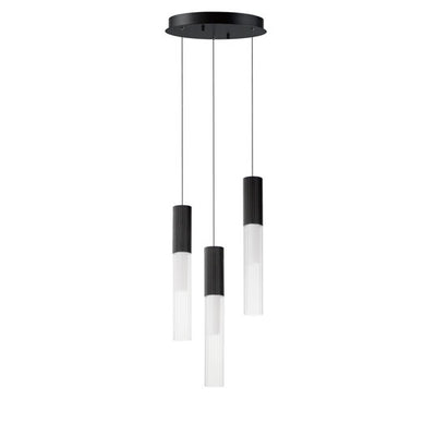 LED Steel Frame with Clear Cylindrical Ribbed Glass Shade Pendant