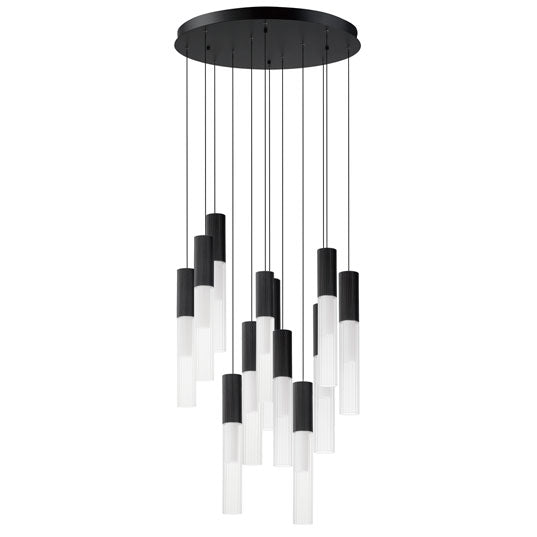 LED Steel Frame with Clear Cylindrical Ribbed Glass Shade Chandelier