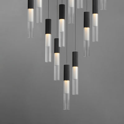 LED Steel Frame with Clear Cylindrical Ribbed Glass Shade Chandelier