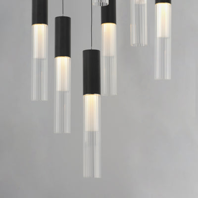 LED Steel Frame with Clear Cylindrical Ribbed Glass Shade Chandelier