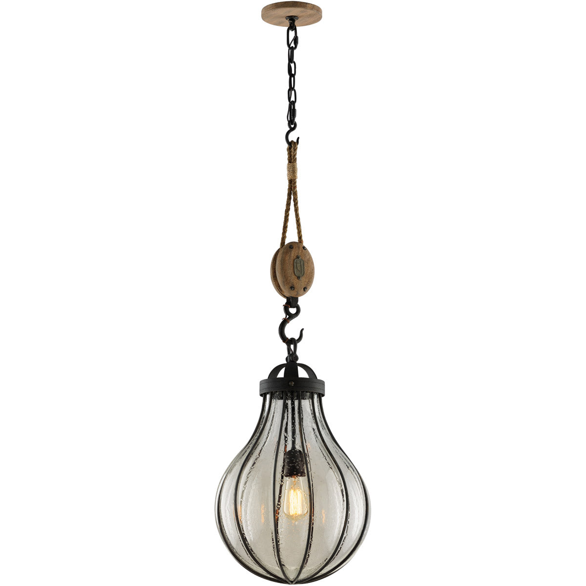 Vintage Iron with Rustic Wood and Hand Blown Seedy Glass Shade Pendant