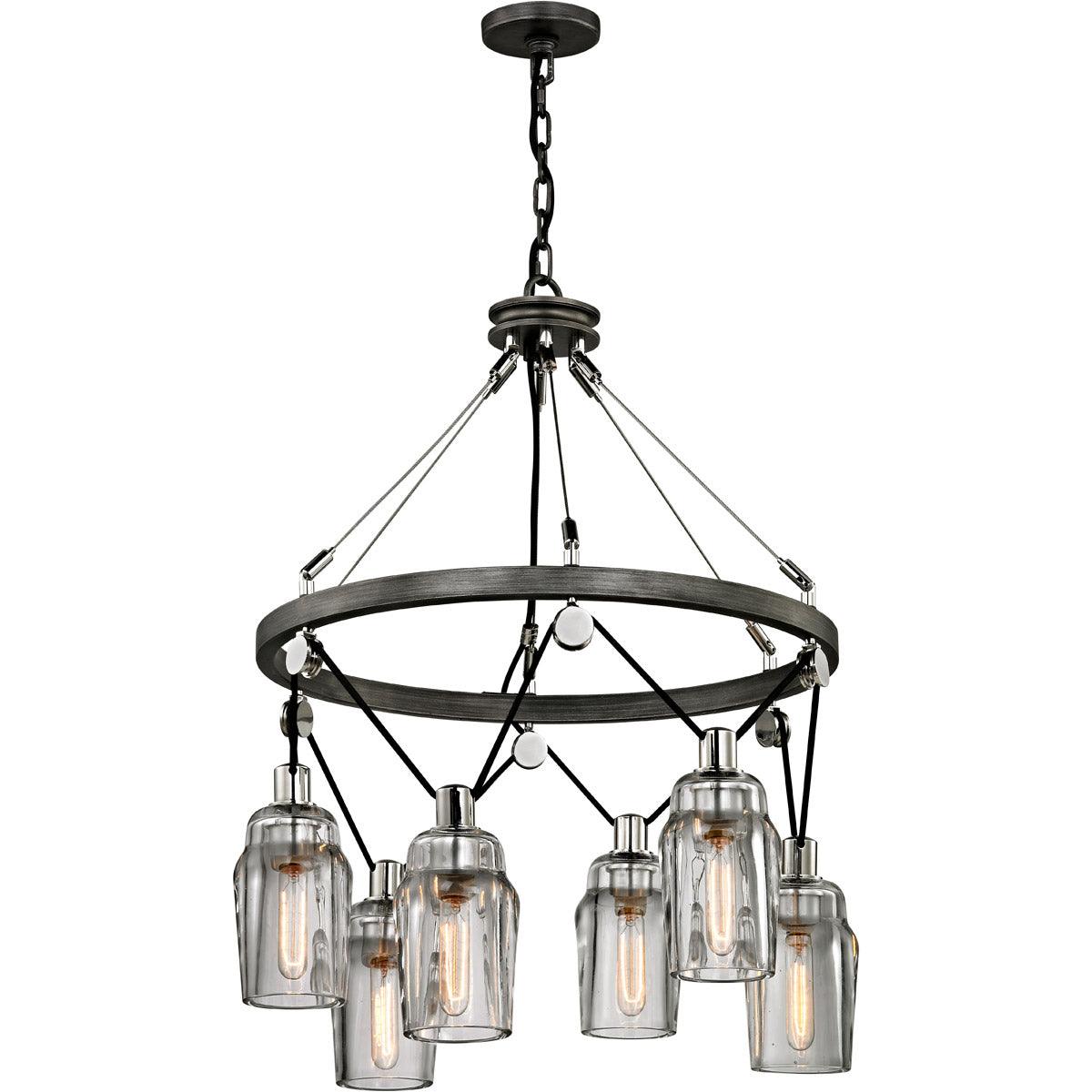Graphite and Polished Nickel with Clear Pressed Glass Shade Round Pendant - LV LIGHTING