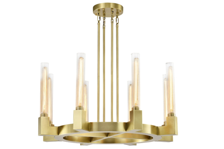 Steel Round Frame with Clear Ribbed Cylindrical Glass Shade Chandelier in Aged Brass by Zeev